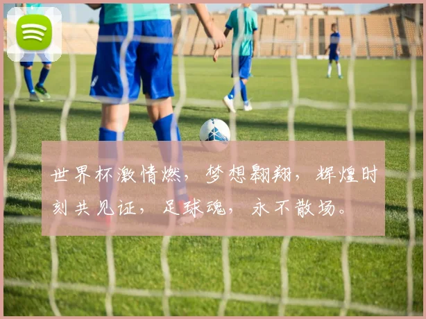 世界杯激情燃，梦想翱翔，辉煌时刻共见证，足球魂，永不散场。